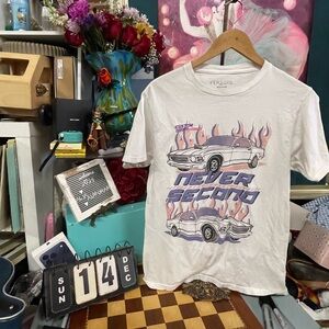 Persaya Custom "Never Second" graphic t-shirt featuring two cars with flames.